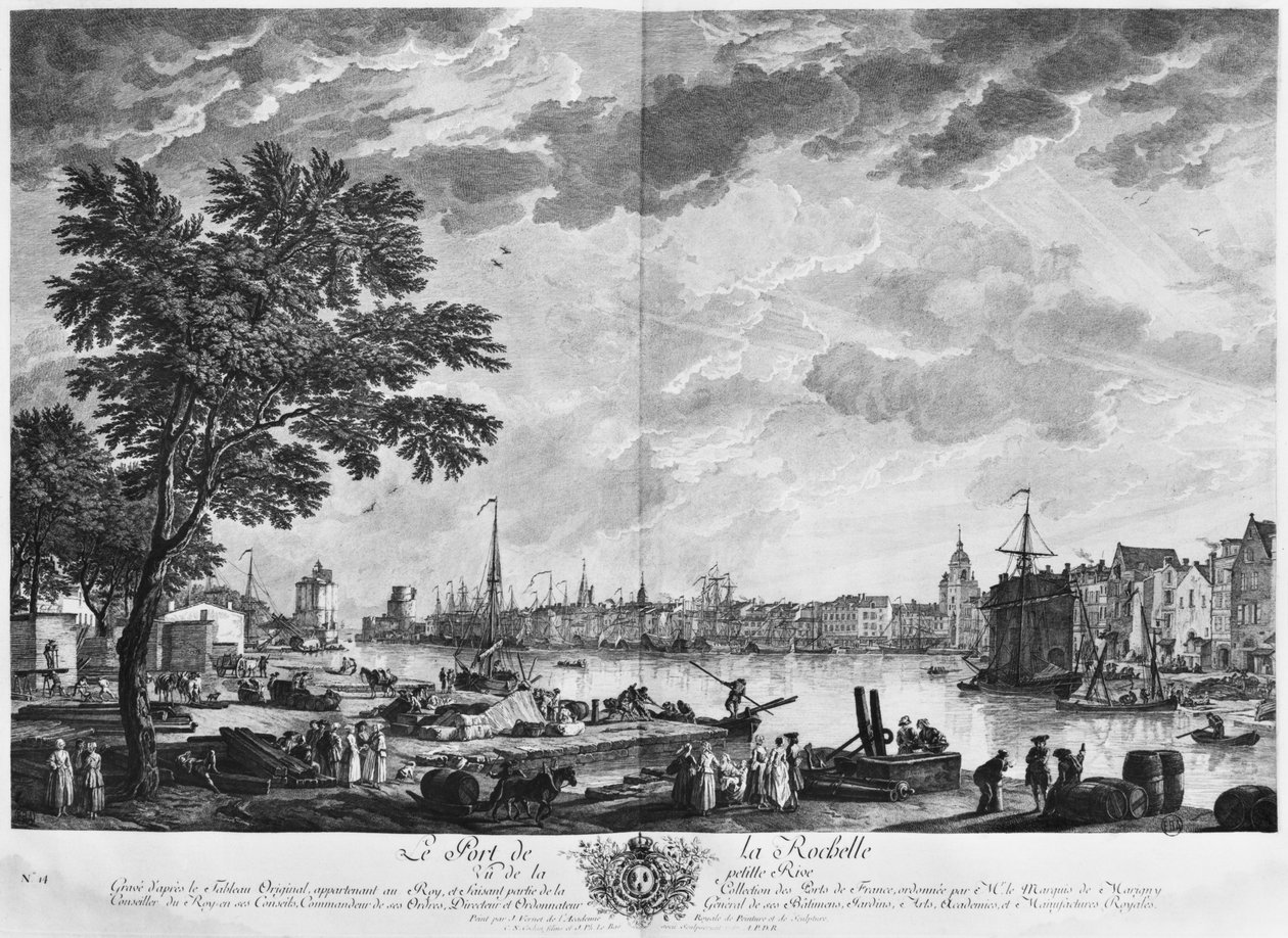 Port La Rochelle, widziany z małego brzegu, seria „Les Ports de France”, grawerowana przez Charlesa Nicolasa Cochina Młodszego (1715-90) i Jacquesa Philippe