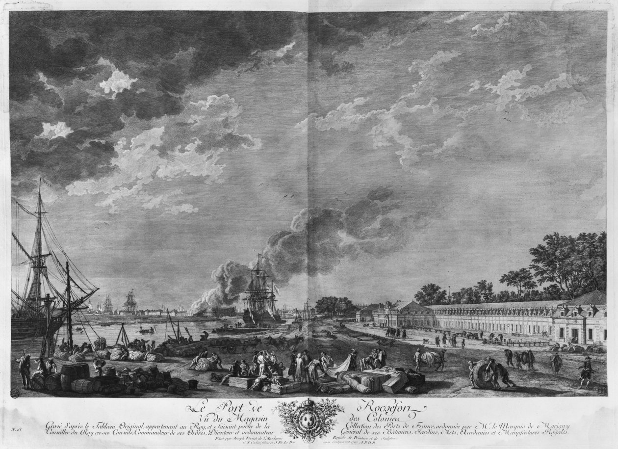 Port Rochefort, widziany ze sklepu kolonii, seria „Les Ports de France”, grawerowana przez Charlesa Nicolasa Cochina Młodszego (1715-90) i Jacquesa Philippe