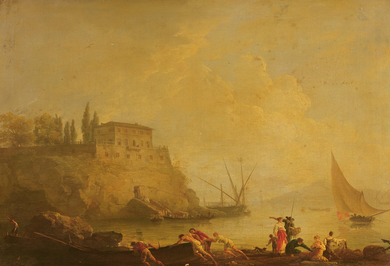 Pejzaż morski, zachód słońca: rybacy wypychający łódź autorstwa Claude Joseph Vernet