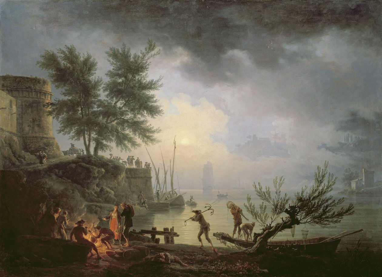 Wschód słońca, scena przybrzeżna z postaciami wokół ognia, 1760 autorstwa Claude Joseph Vernet