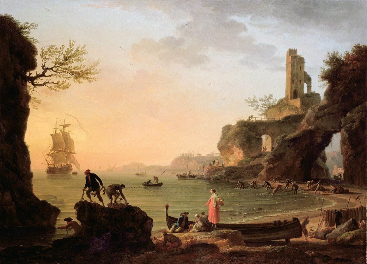 Zachód słońca, rybacy wciągający sieci, 1760 autorstwa Claude Joseph Vernet