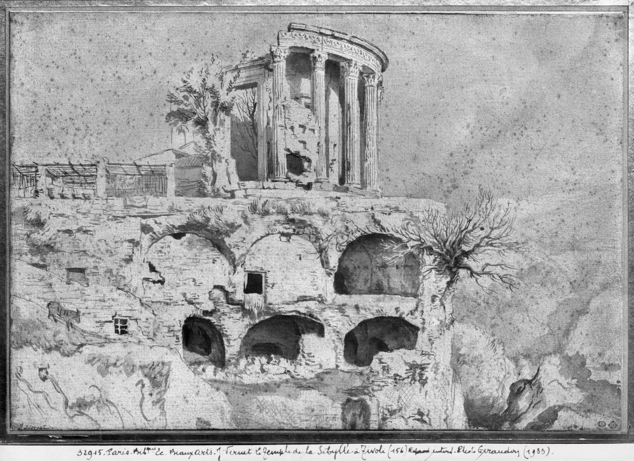 Świątynia Sybilli, Tivoli (pióro i pranie na papierze) autorstwa Claude Joseph Vernet