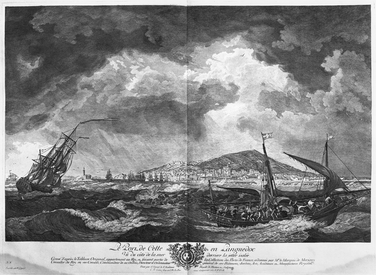 Port Cette w Langwedocji widziany z morza za odosobnionym pomostem, seria „Les Ports de France”, rytowana przez Charlesa Nicolasa Cochina Młodszego (1715-90) i Jacquesa Philippe