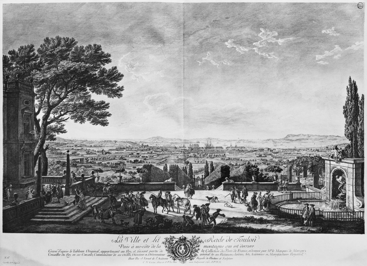 Miasto i port w Tulonie, widziane z połowy góry z tyłu, seria „Les Ports de France”, grawerowana przez Charlesa Nicolasa Cochina Młodszego (1715-90) i Jacquesa Philippe