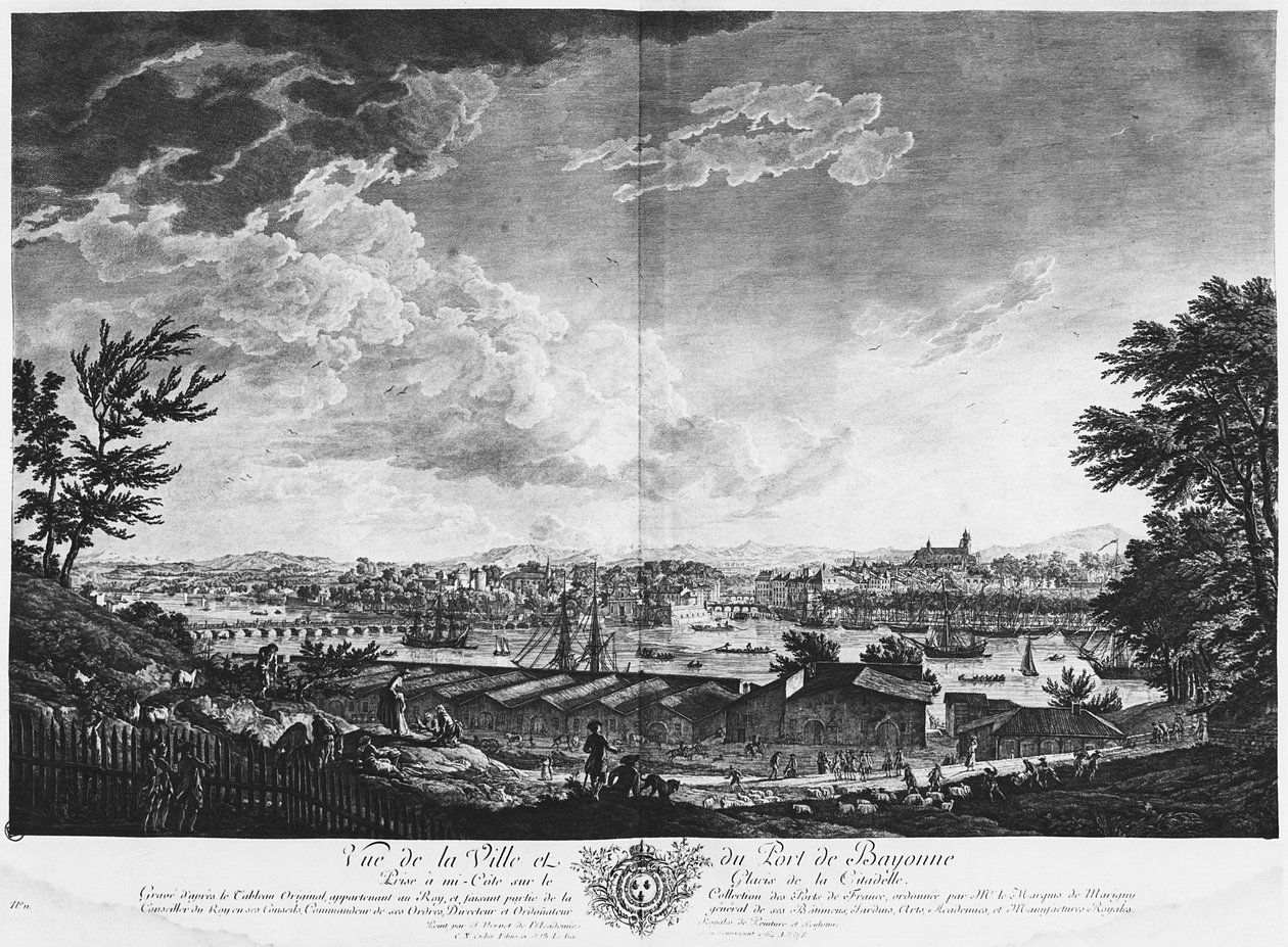 Widok na miasto i port Bayonne widziany z połowy cytadeli, seria „Les Ports de France”, rytowana przez Charlesa Nicolasa Cochina Młodszego (1715-90) i Jacquesa Philippe