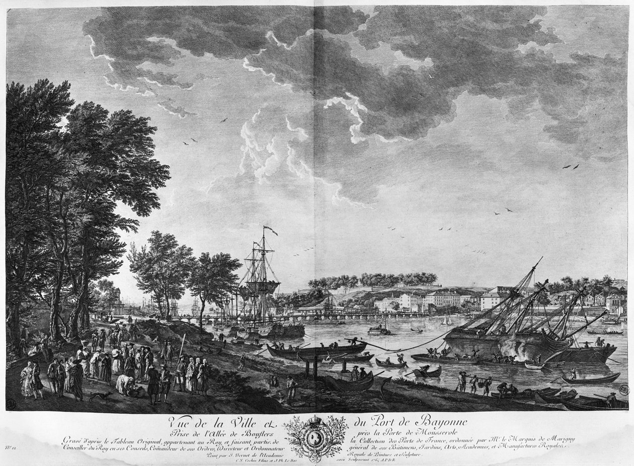 Widok na miasto i port Bayonne widziany z alei Boulders w pobliżu bramy Mousserole, seria „Les Ports de France”, rytowana przez Charlesa Nicolasa Cochina Młodszego (1715-90) i Jacquesa autorstwa Claude Joseph Vernet