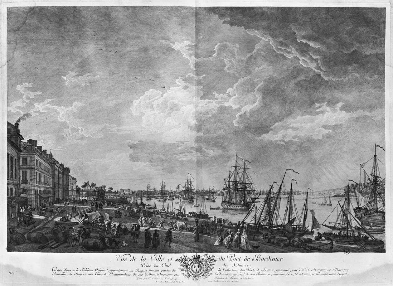 Widok na miasto i port w Bordeaux widziany z Salinieres, seria „Les Ports de France”, rytowana przez Charlesa Nicolasa Cochina Młodszego (1715-90) i Jacquesa Philippe
