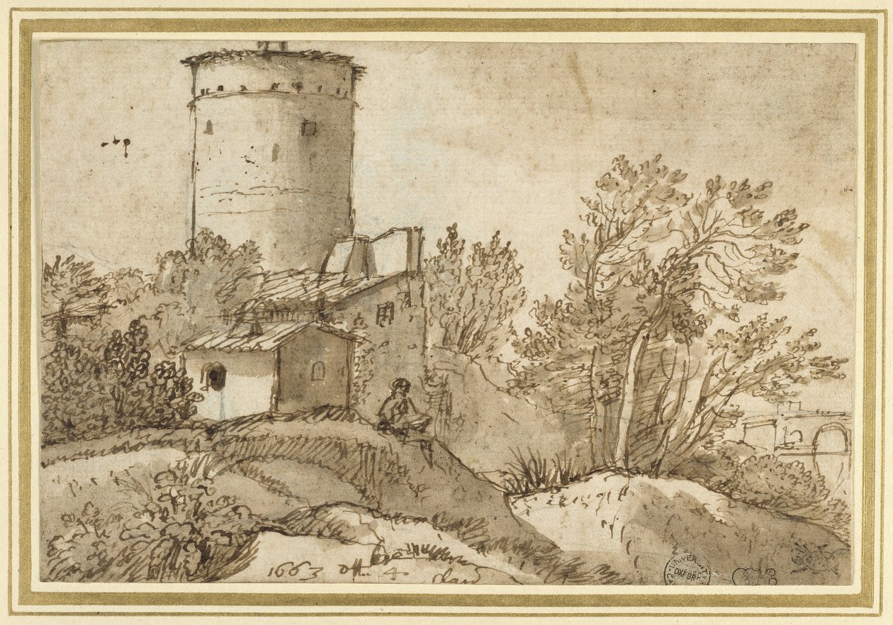 Budynki rolnicze nad Tybrem, 1663 (czarna kreda z długopisem i brązowym tuszem oraz brązowa plama na papierze złamanym białym) autorstwa Claude Lorrain