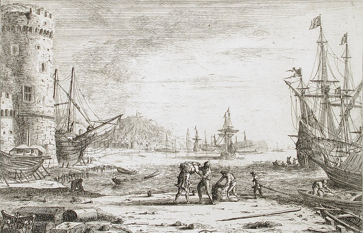 Port z dużą wieżą autorstwa Claude Lorrain