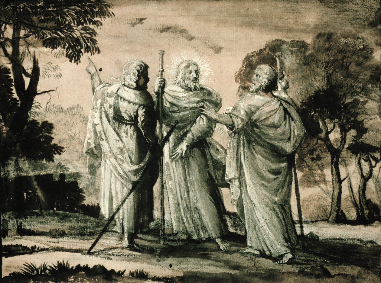Podróż do Emaus (czarna kreda i gwasz na papierze) autorstwa Claude Lorrain