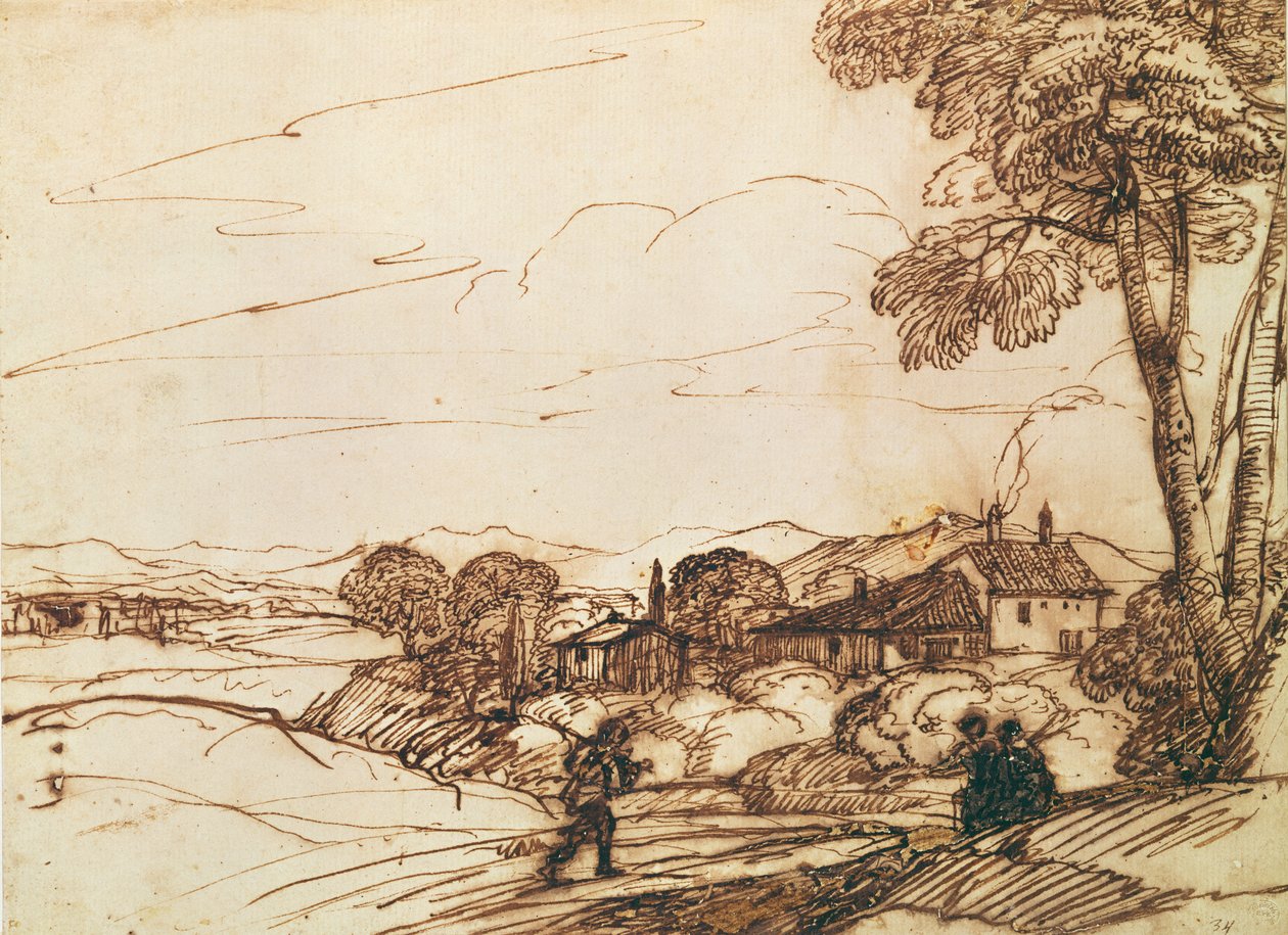 Krajobraz (pióro i bistre i pranie na papierze) autorstwa Claude Lorrain