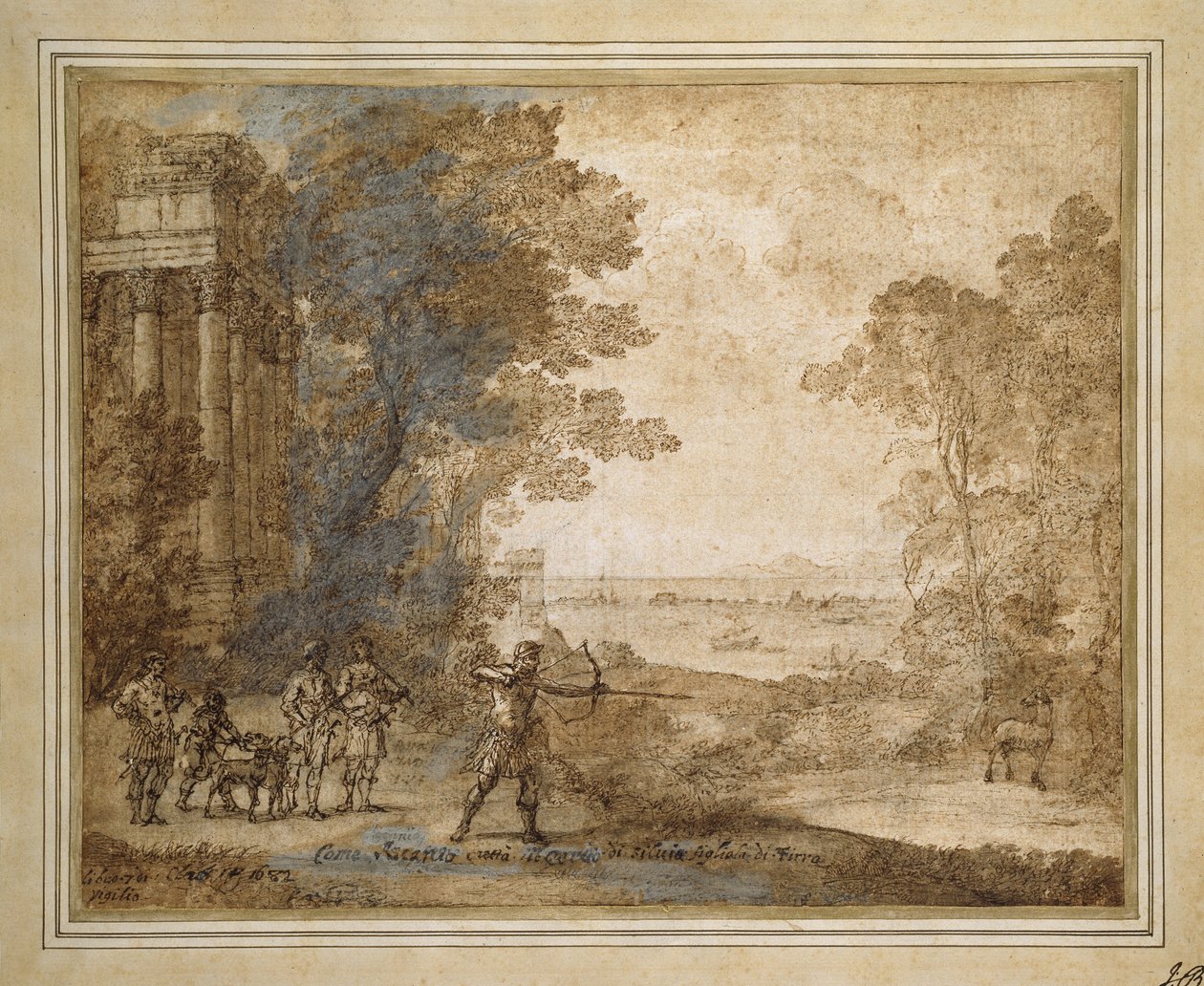 Pejzaż z Ascaniusem strzelającym do jelenia Sylwii, 1680-82 (słaba czarna kreda z długopisem i brązowym tuszem, brązowe spranie i biały kolor nadwozia) autorstwa Claude Lorrain