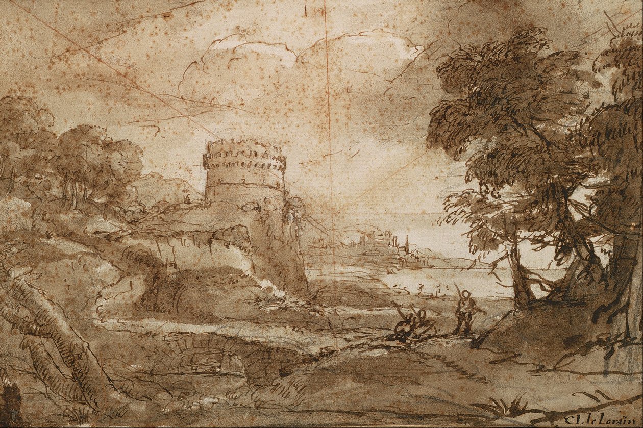 Krajobraz z okrągłą wieżą i zatoką autorstwa Claude Lorrain