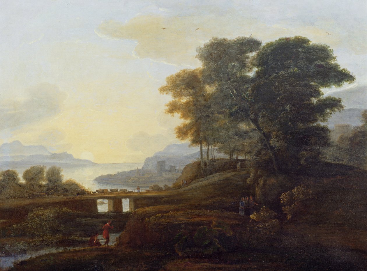 Krajobraz z bydłem i kozami przechodzącymi przez most autorstwa Claude Lorrain