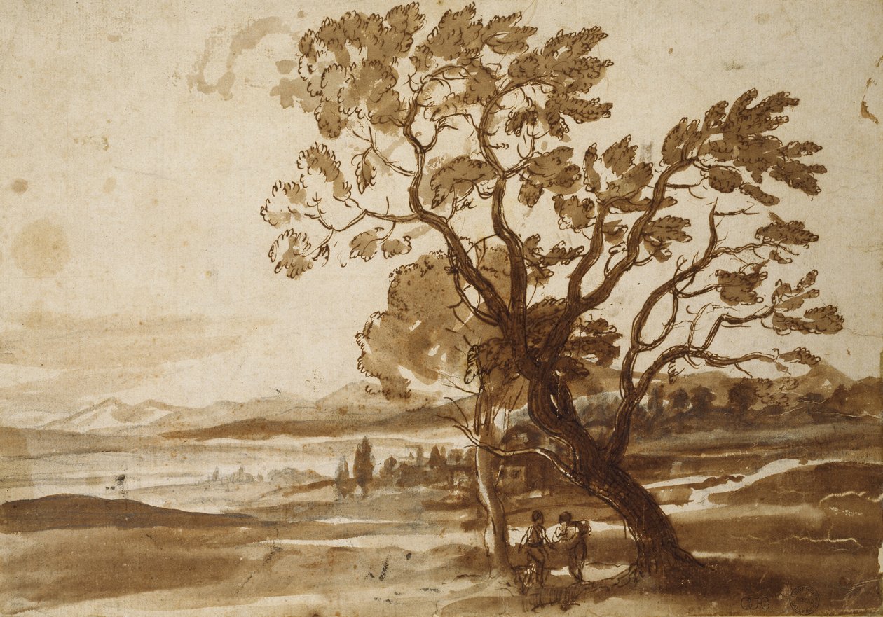 Pejzaż z dwoma drzewami, ok. 1638 (czarna kreda z długopisem i brązowym tuszem oraz brązowy wash na złamanym białym papierze) autorstwa Claude Lorrain