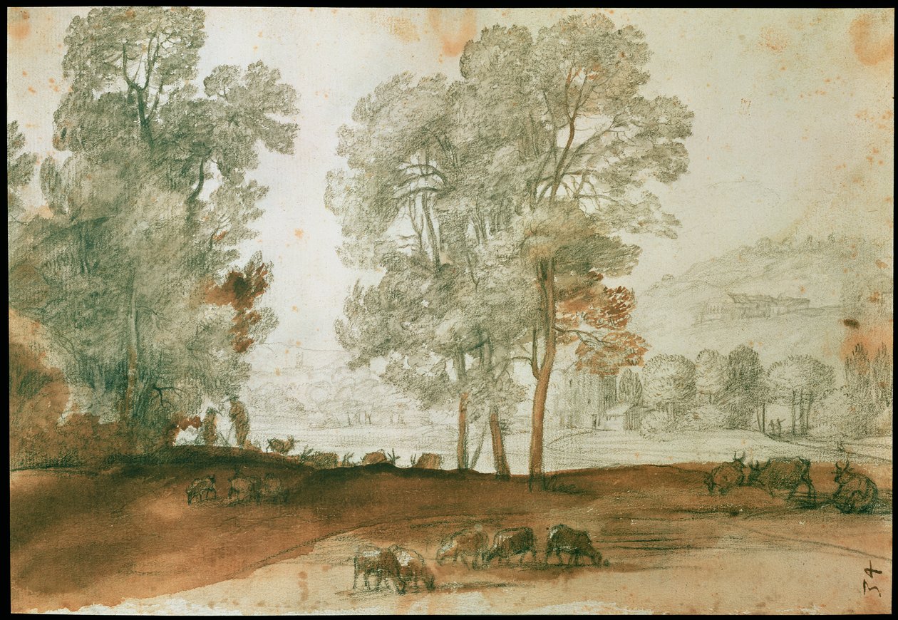 Pejzaż pastoralny (czarna kreda i wash na papierze) autorstwa Claude Lorrain