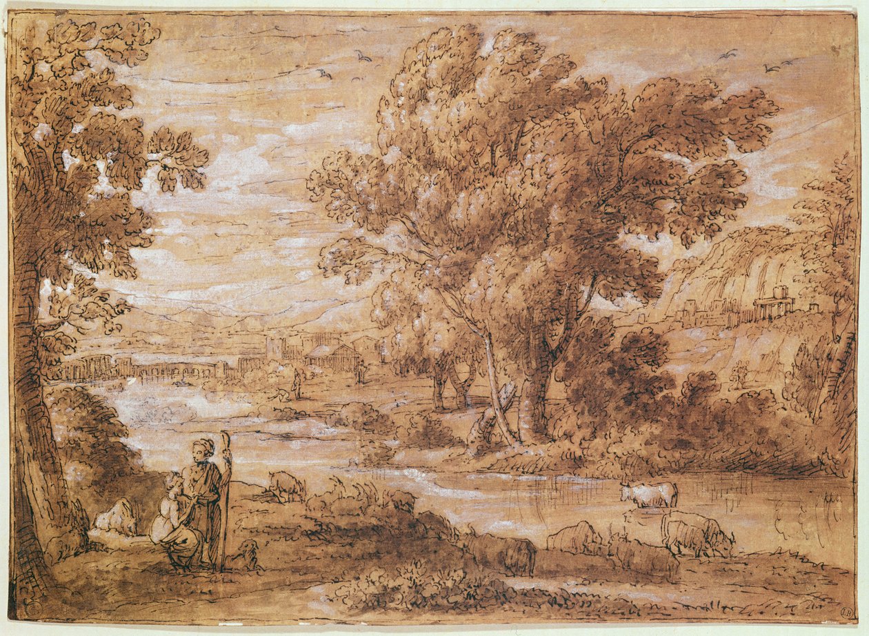 Pasterz i Pasterka (pranie piórowe, akwarelowe i bistre) autorstwa Claude Lorrain