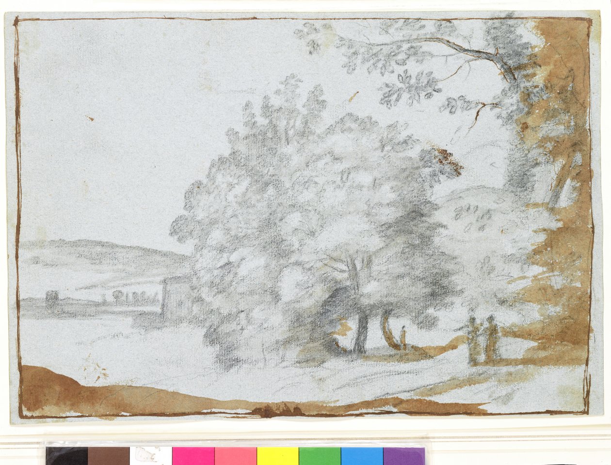 Nasłoneczniony krajobraz z drzewami (czarna kreda i brązowa farba na papierze) autorstwa Claude Lorrain