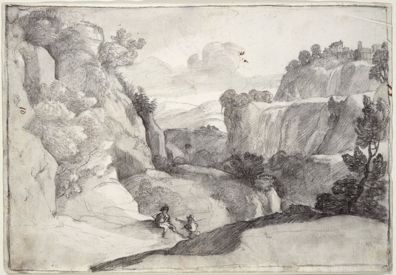 Kaskady Tivoli (czarna kreda na papierze) autorstwa Claude Lorrain