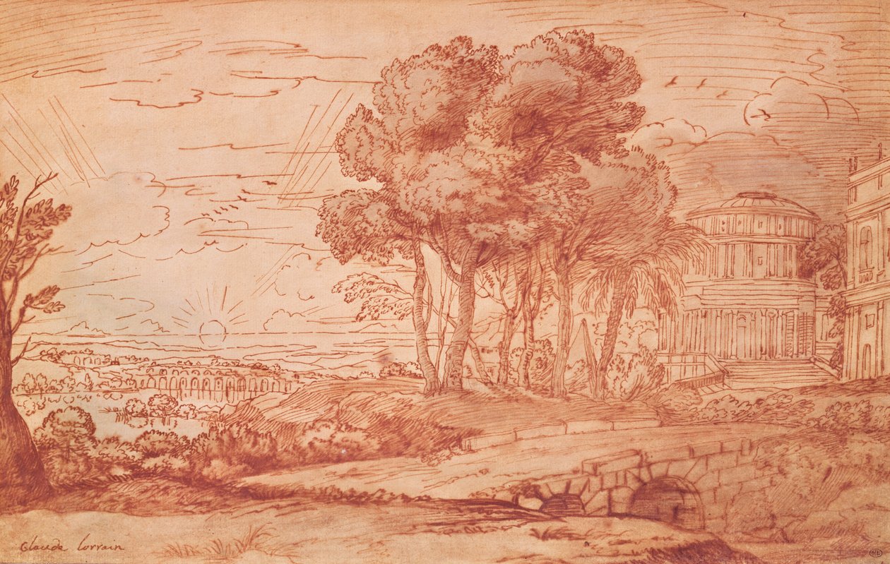 Świątynia Apolla na wyspie Delos, ok. 1648 (pióro, wash und bistre ink) autorstwa Claude Lorrain