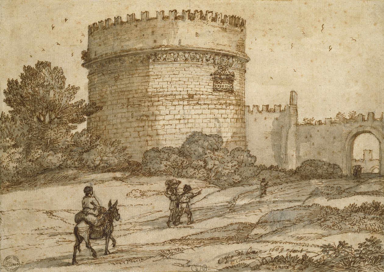 Grobowiec Cecylii Metelli, 1669 (czarna kreda z długopisem i brązowym atramentem oraz szaro-brązowe przetarcia na drobnoziarnistym papierze w kolorze złamanej bieli) autorstwa Claude Lorrain