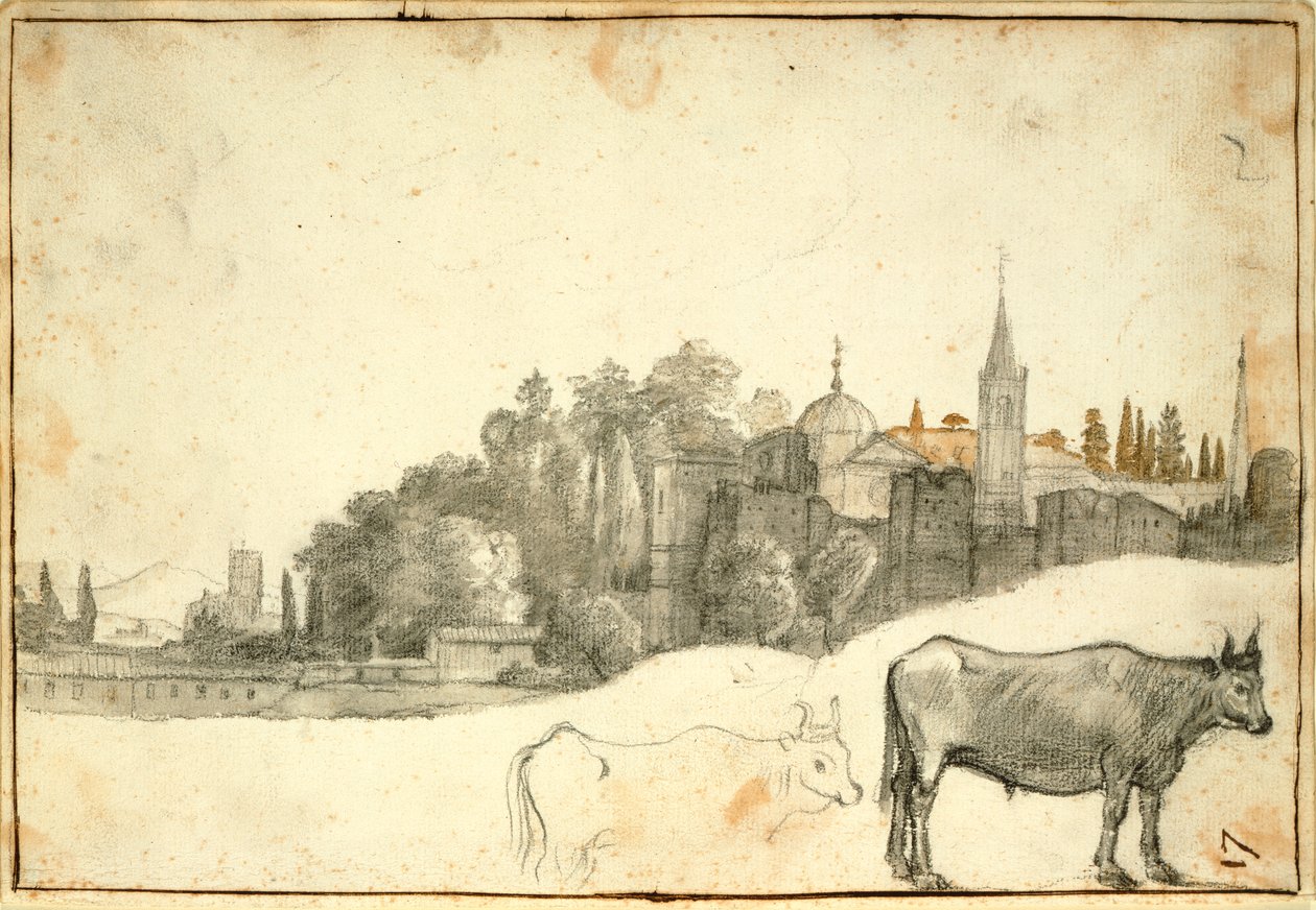 Widok na zewnątrz Piazza del Popolo (czarna kreda i pranie na papierze) autorstwa Claude Lorrain