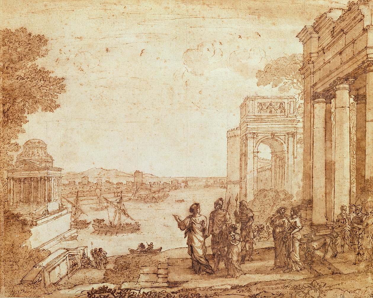 Widok Kartaginy z Dydoną i Eneaszem (pióro, akwarela i bistre wash) autorstwa Claude Lorrain