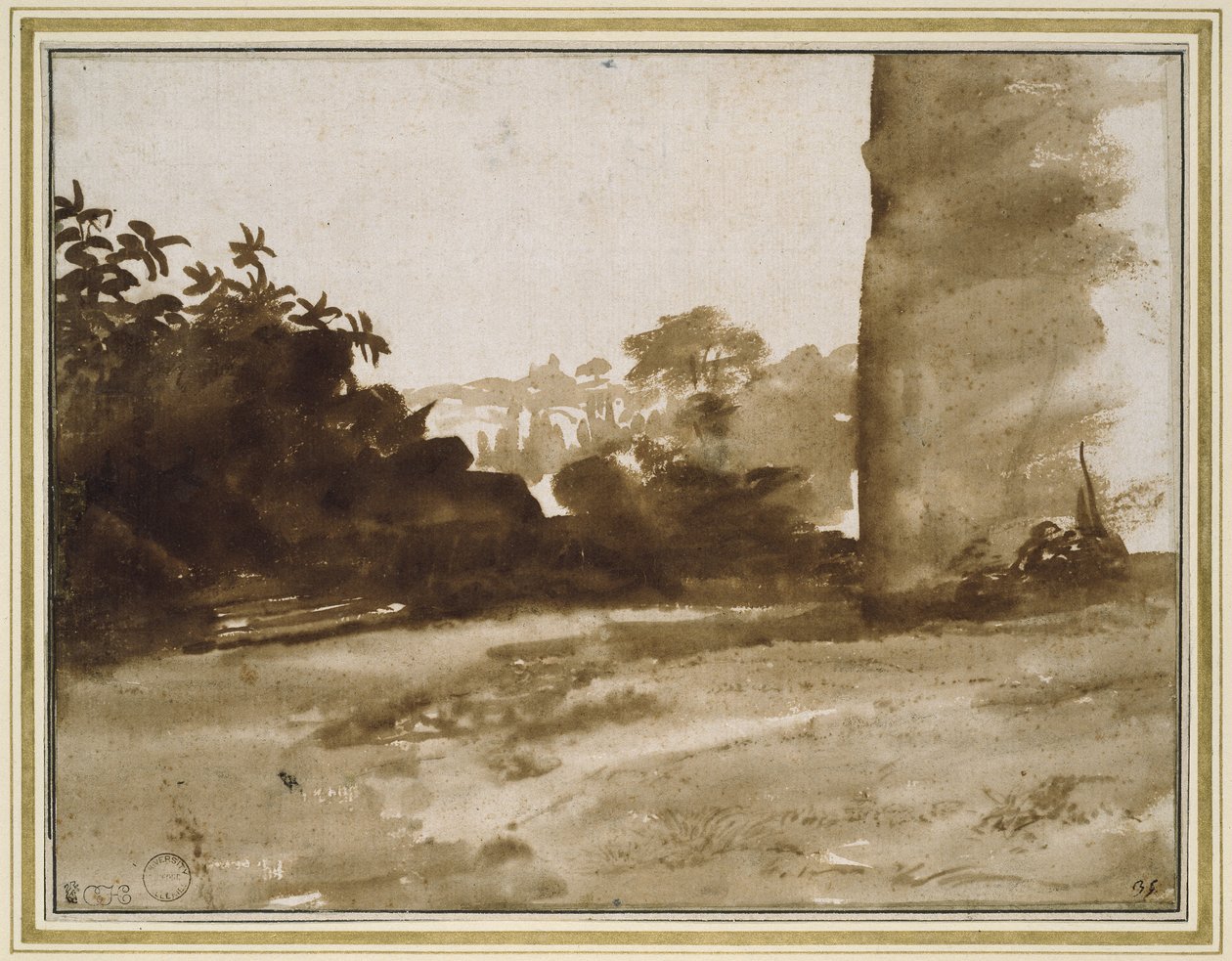 Widok krzewu ze ścianą po prawej, ok. 1640 (słabe ślady czarnej kredy z pędzlem i brązowego rozmycia na białym papierze) autorstwa Claude Lorrain