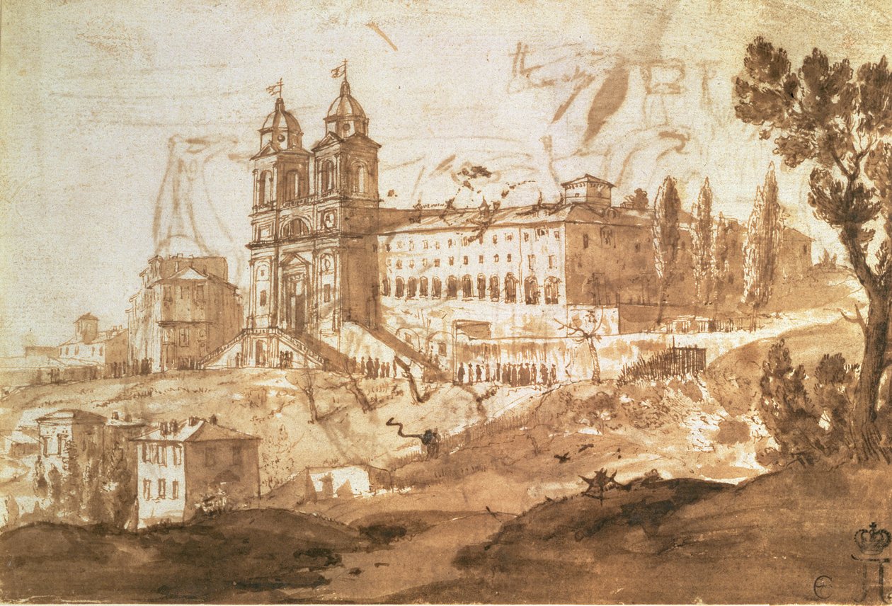 Widok kościoła S. Trinita dei Monti, Rzym, ok. 1632 (pióro i atrament z brązową laną) autorstwa Claude Lorrain