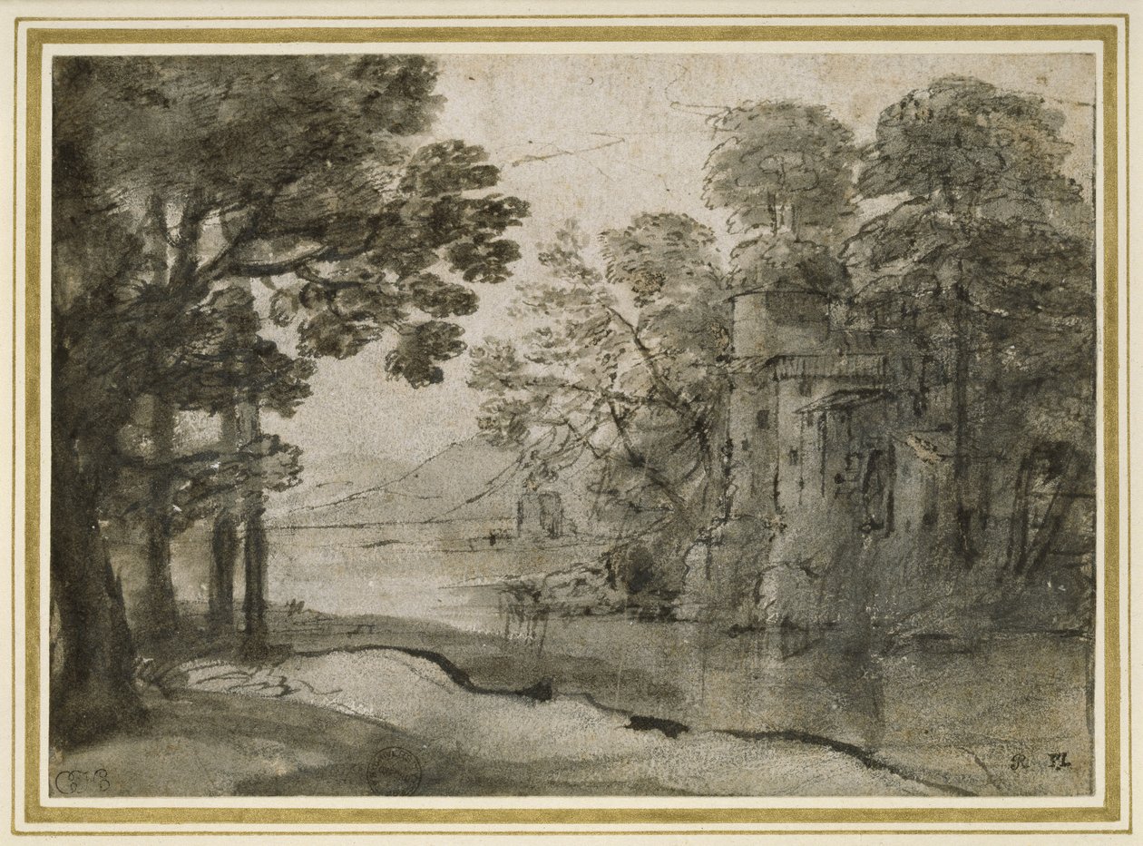 Młyn wodny wśród drzew, ok. 1635-38 (pióro i czarny tusz z szarą farbą na czarnej kredzie na białym papierze) autorstwa Claude Lorrain