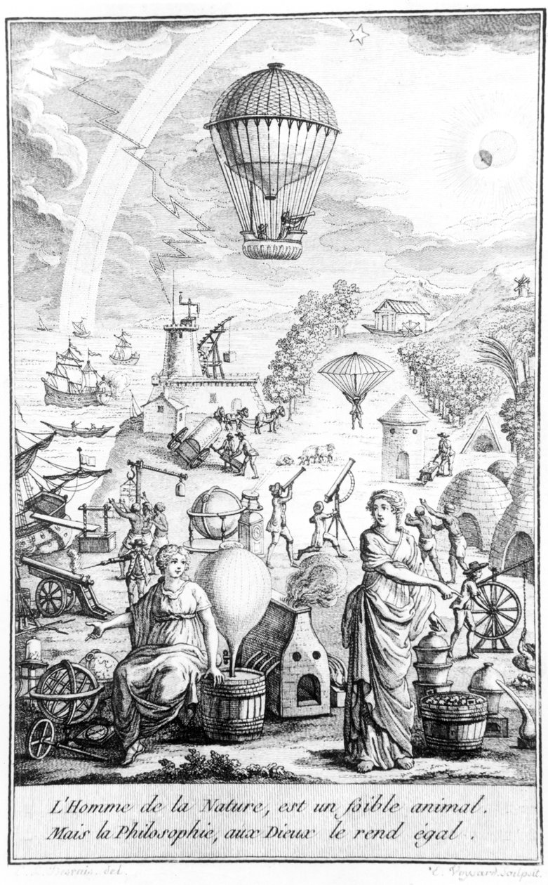Alegoria stworzona w okresie rewolucji francuskiej, ilustrująca korzyści, jakie dla ludzkości odniosły odkrycia techniczne i naukowe autorstwa Claude Louis Desrais