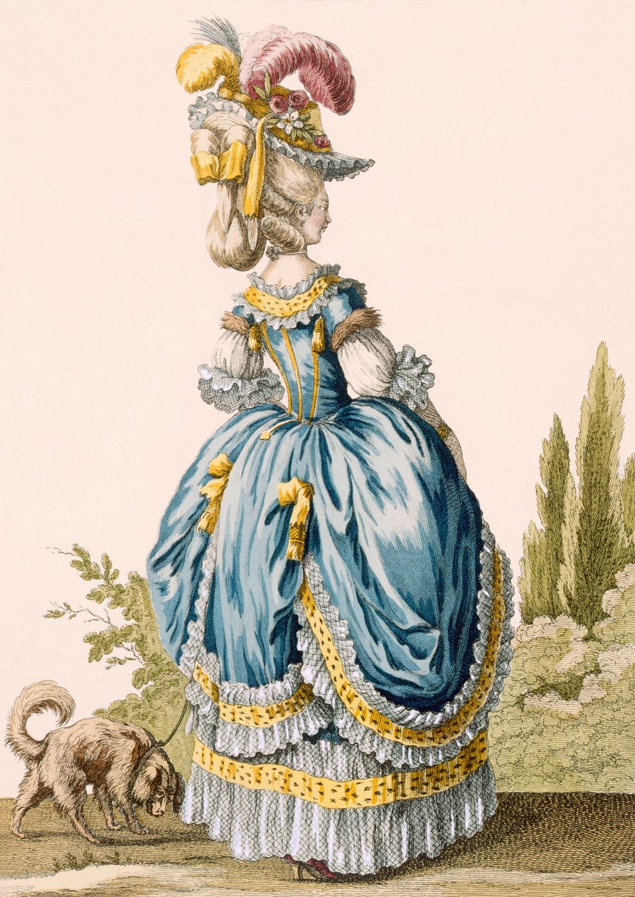Widok z tyłu sukni damskiej, rytowany przez Voysarda, tablica nr 8 z „Galeries des Modes et Costumes Francais”, ok. 1778-87 autorstwa Claude Louis Desrais