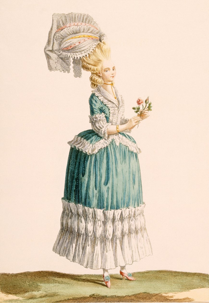 Caraco a la Polanaise, grawerowane przez Dupina, z „Galeries des Modes et Costumes Francais”, ok. 1778-87 autorstwa Claude Louis Desrais