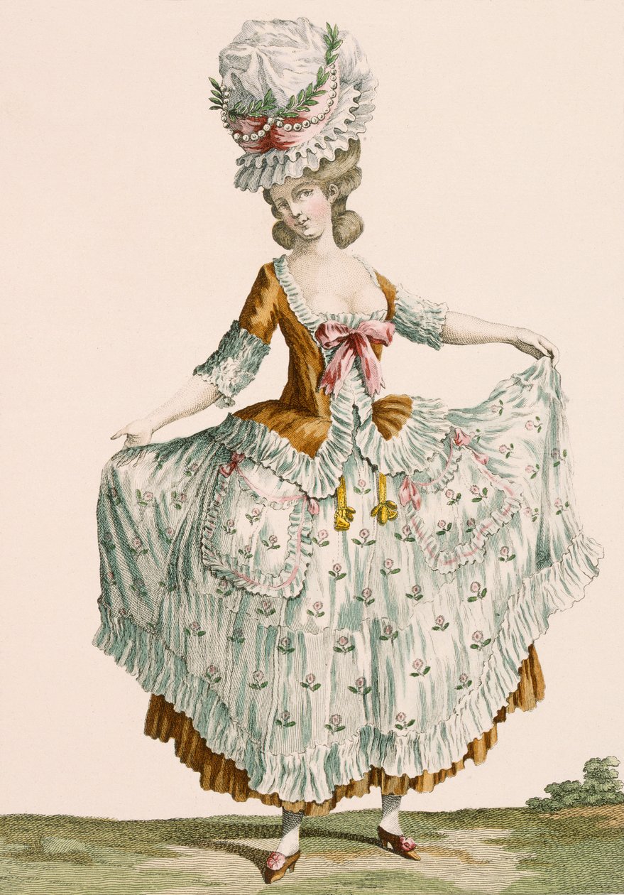 Suknia wieczorowa w stylu damskim, grawerowana przez Voysarda, tablica nr 64 z „Galeries des Modes et Costumes Francais”, ok. 1778-87 autorstwa Claude Louis Desrais