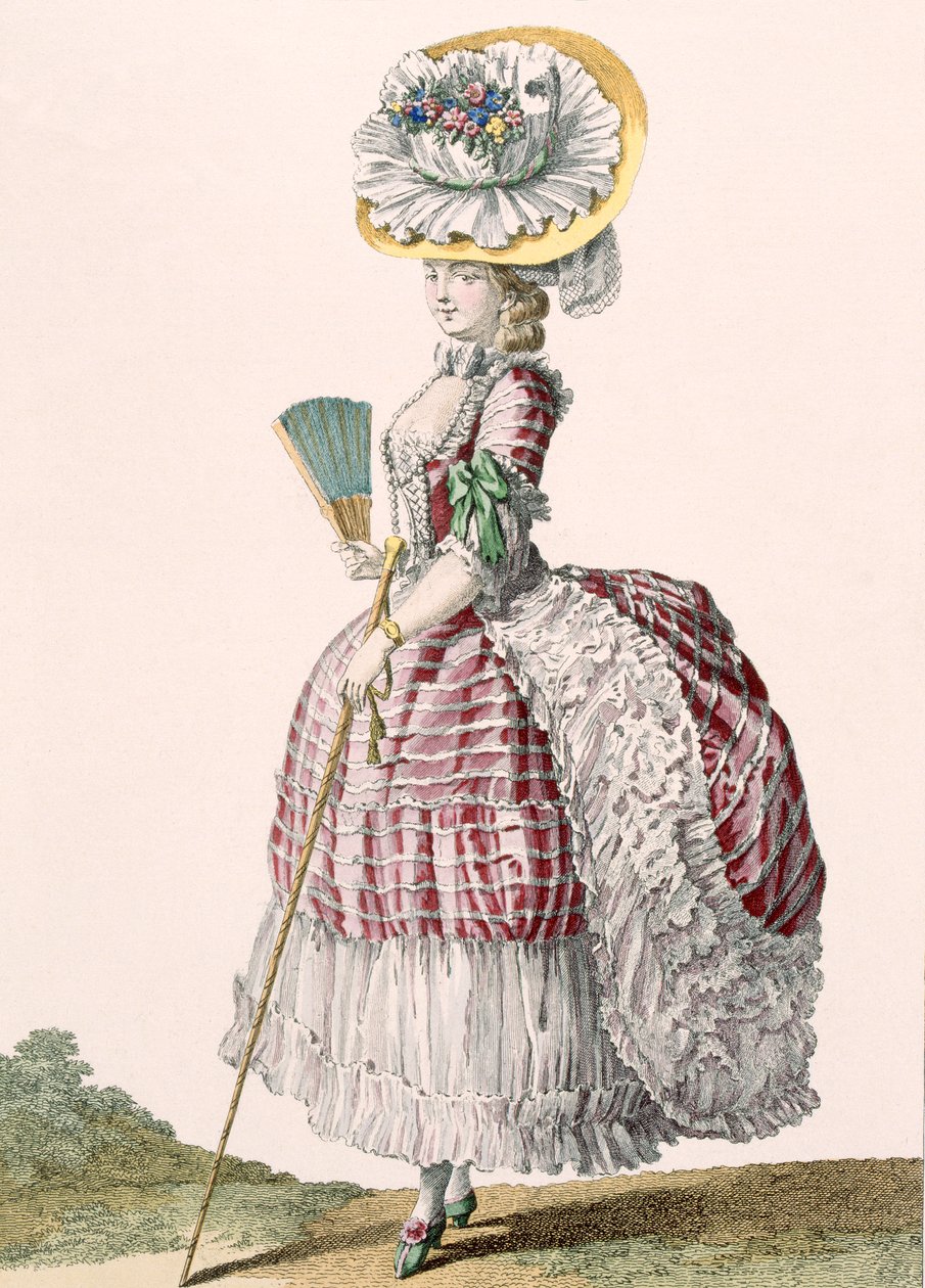 Dama ubrana w suknię polonezową, grawerowana przez Dupina, tablica nr 82 z „Galeries des Modes et Costumes Francais”, ok. 1778-87 autorstwa Claude Louis Desrais