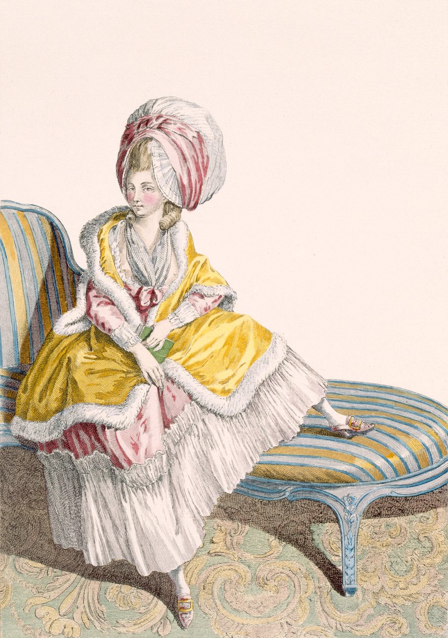 Dama w porannej sukni w kolorze cytryny i różu, grawerowana przez Dupina, płyta nr 55 z „Galeries des Modes et Costumes Francais”, ok. 1778-87 autorstwa Claude Louis Desrais