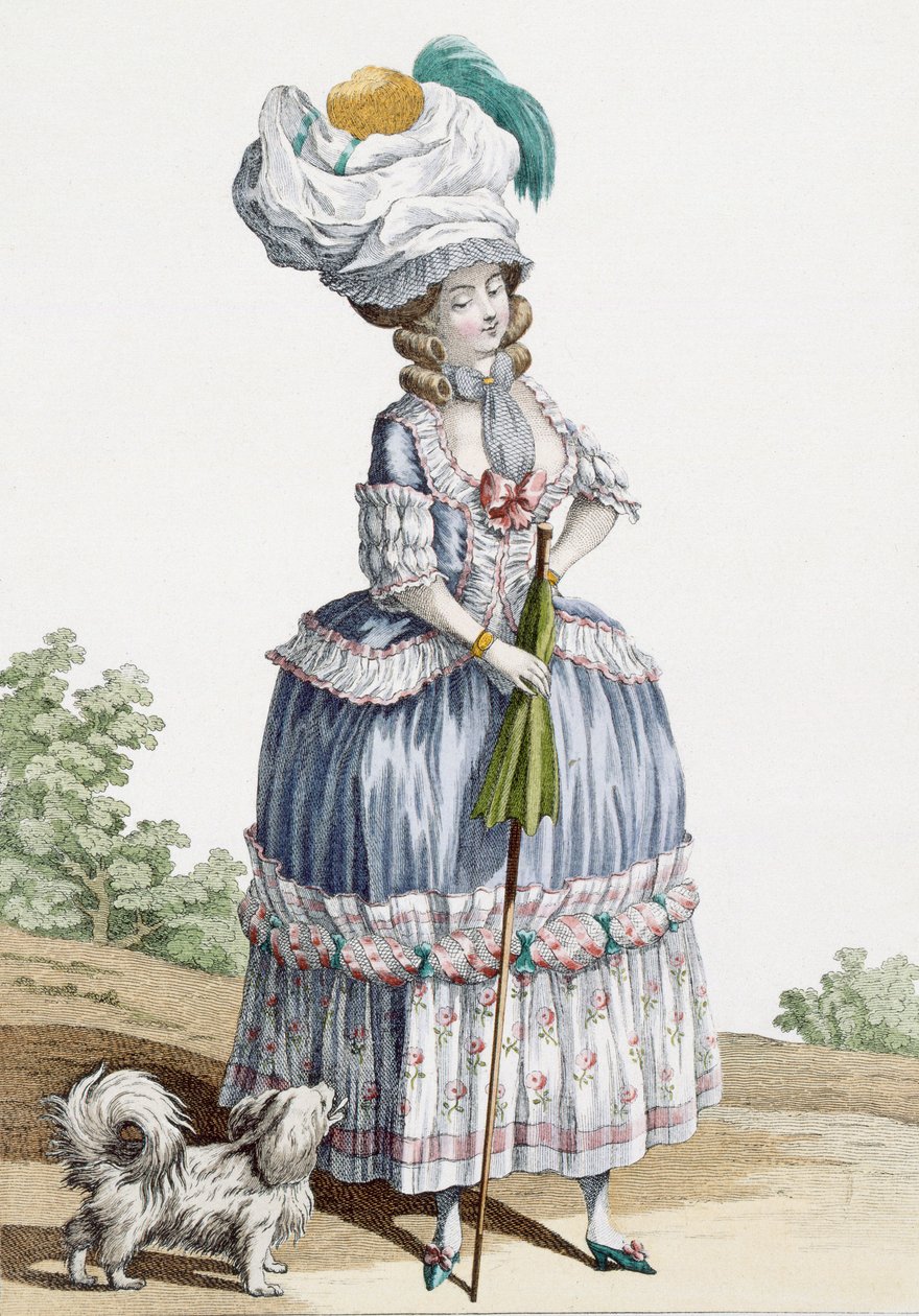 Pani spacerująca z psem, grawerowana przez Voysarda, tablica nr 28 z „Galeries des Modes et Costumes Francais”, ok. 1778-87 99: odzież; strój tradycyjny; strój tradycyjny; moda; zilustrować autorstwa Claude Louis Desrais