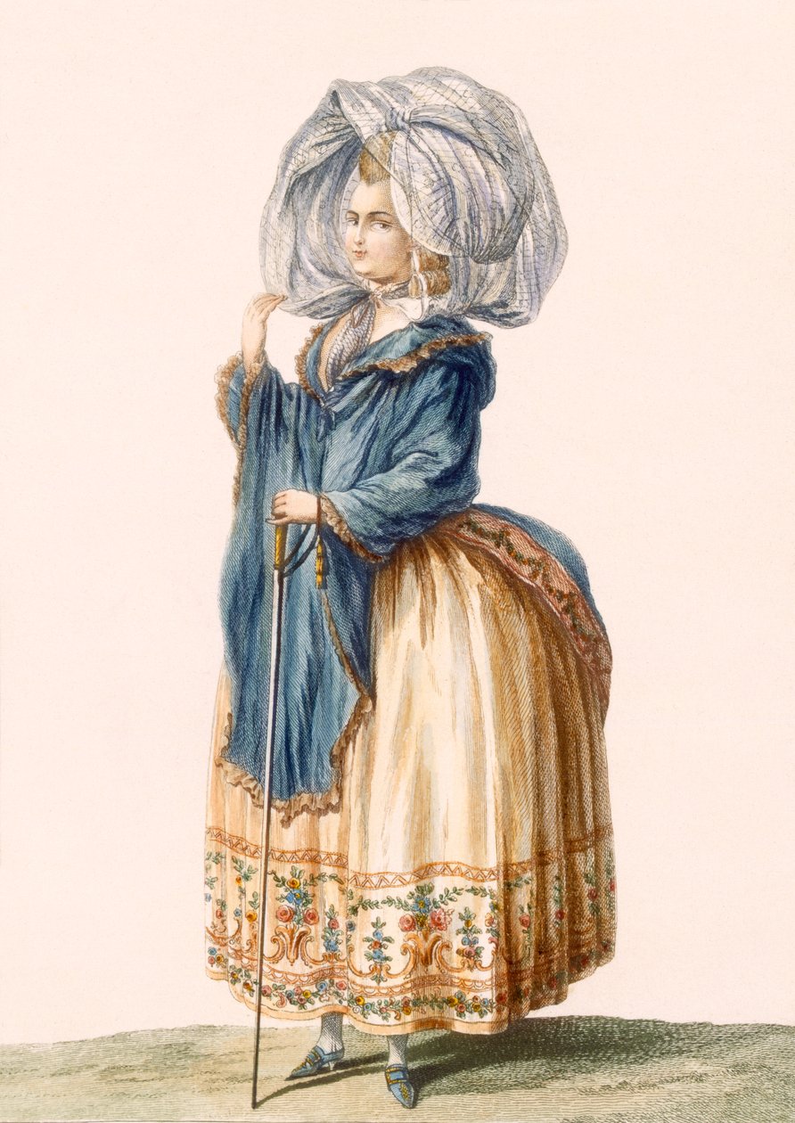 Suknia damska, grawerowana przez Voysarda, tabliczka z „Galeries des Modes et Costumes Francais”, ok. 1778-87 99: odzież; strój tradycyjny; strój tradycyjny; moda; ilustracja; c18th autorstwa Claude Louis Desrais