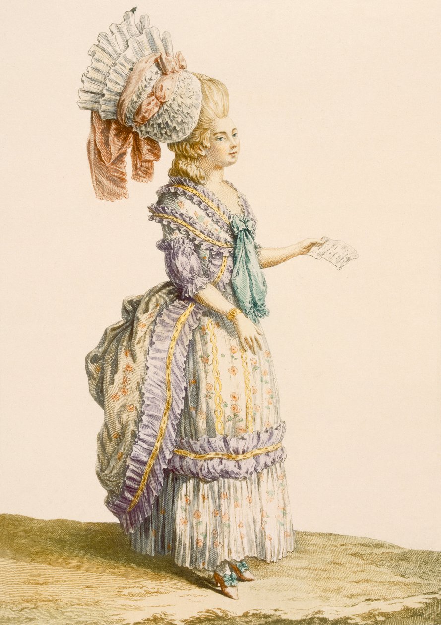 Szlafrok Polanaise, grawerowany przez Le Roya, z „Galeries des Modes et Costumes Francais”, ok. 1778-87 autorstwa Claude Louis Desrais