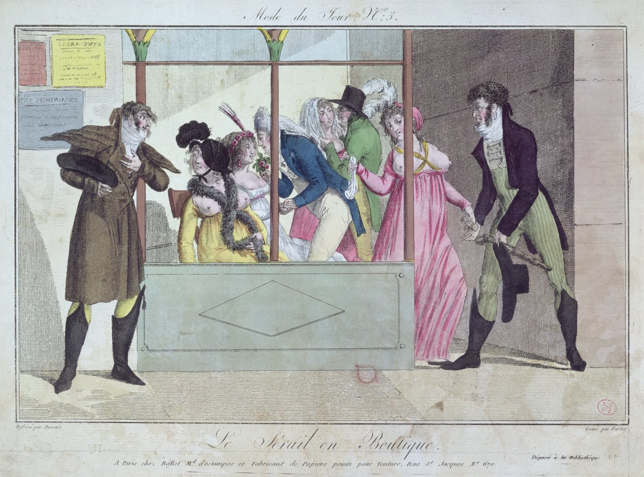 Prostytutki w Palais-Royal, z Mode du Jour, ryty Fortier, początek XIX w. (rycina ręcznie kolorowana) autorstwa Claude Louis Desrais