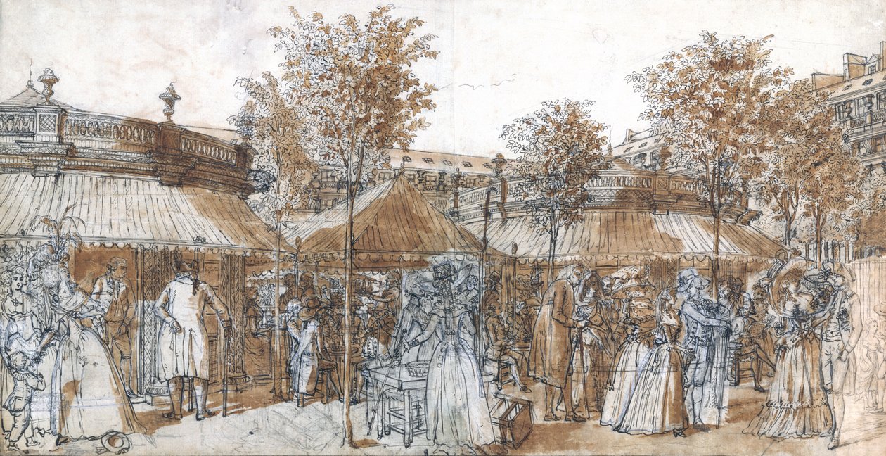 The Palais Royal Garden Walk w 1787 roku (długopis i brązowy tusz na papierze) autorstwa Claude Louis Desrais