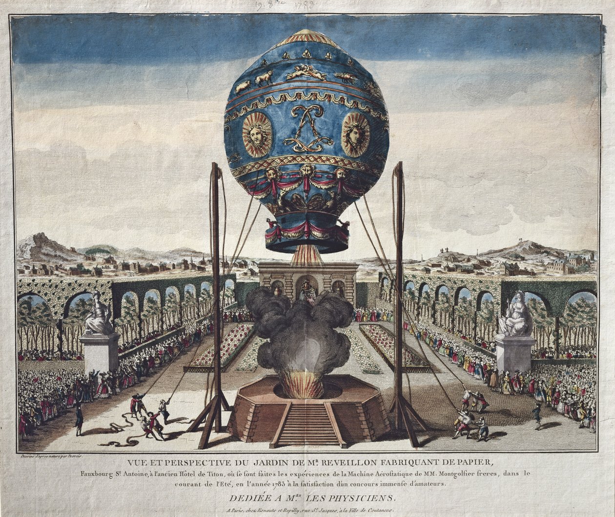 Widok eksperymentu balonowego braci Montgolfier w ogrodzie M. Reveillon 19 października 1783 r. autorstwa Claude Louis Desrais