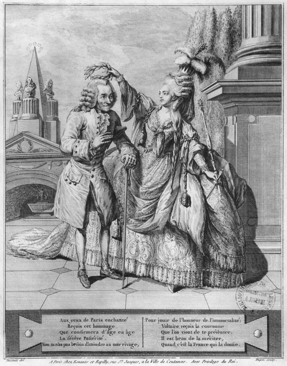 Voltaire koronowany przez Mademoiselle Clairon, ryty przez Jean Victor (ur. 1718) 1791 autorstwa Claude Louis Desrais