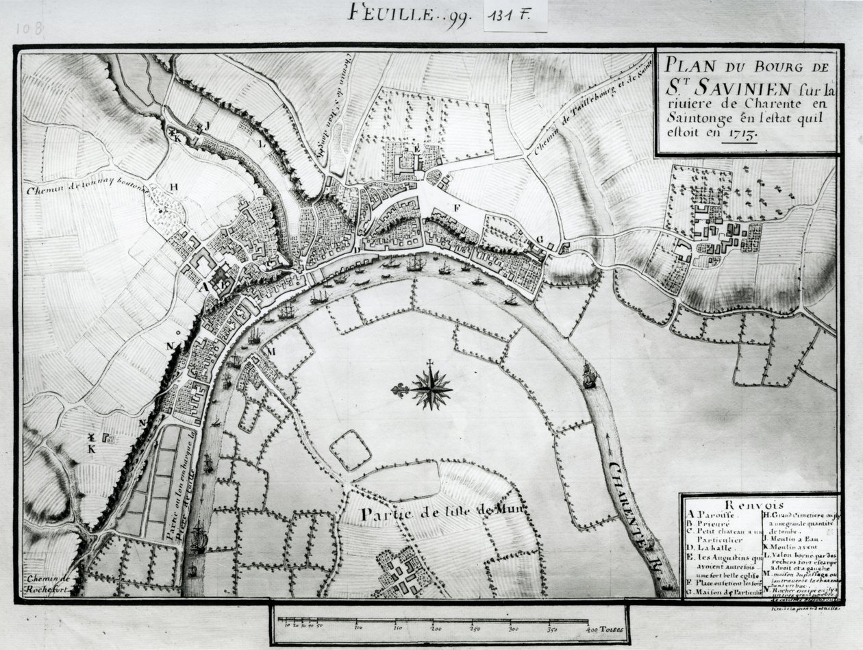 Fol.99 Mapa Saint-Savinien nad rzeką Charente w 1713 r., z „Recueil des Plans de Saintonge” (pióro i atrament i toaleta na papierze) autorstwa Claude Masse