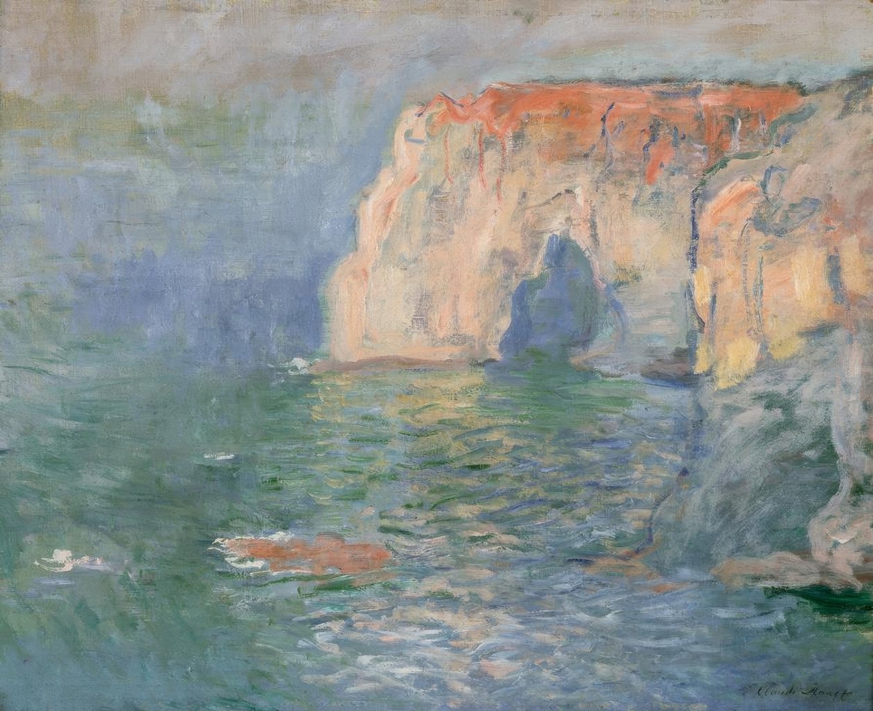 Etretat: La Manneporte, refleksje na wodzie autorstwa Claude Monet