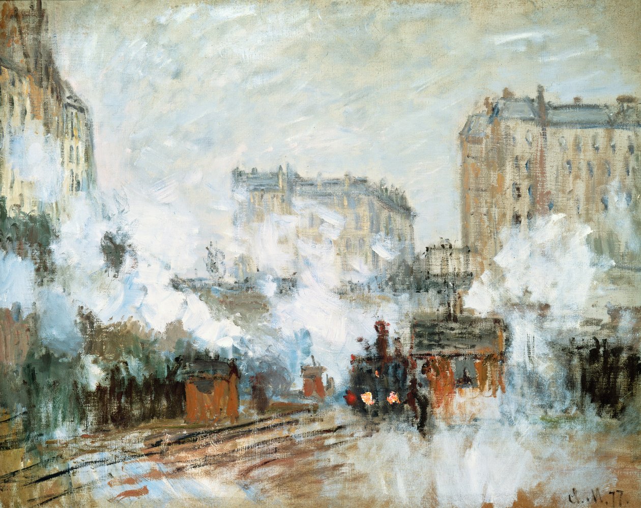 Zewnętrzna część Gare Saint-Lazare, przyjazd pociągu, 1877 autorstwa Claude Monet