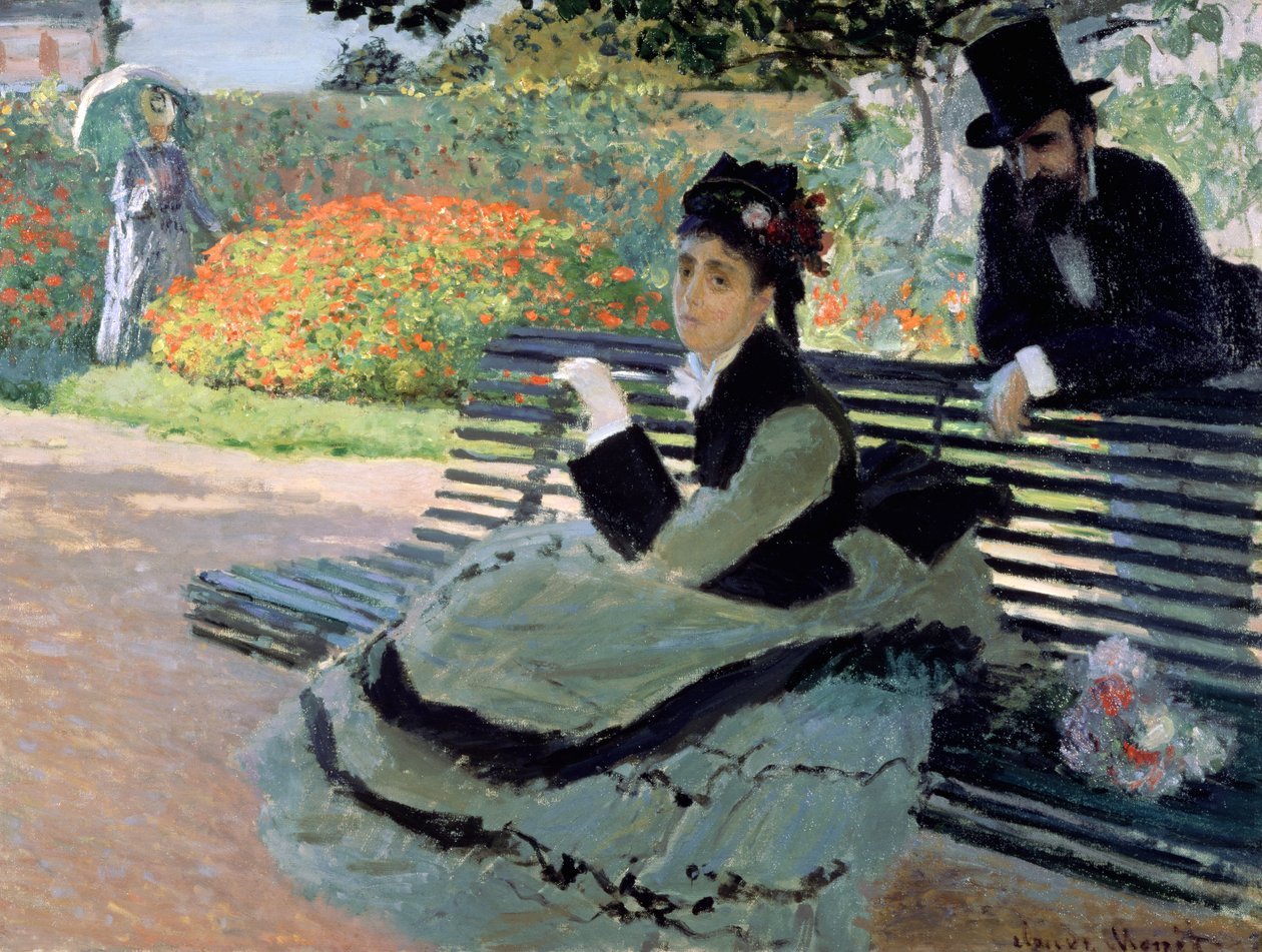 Madame Monet na ławce w ogrodzie autorstwa Claude Monet