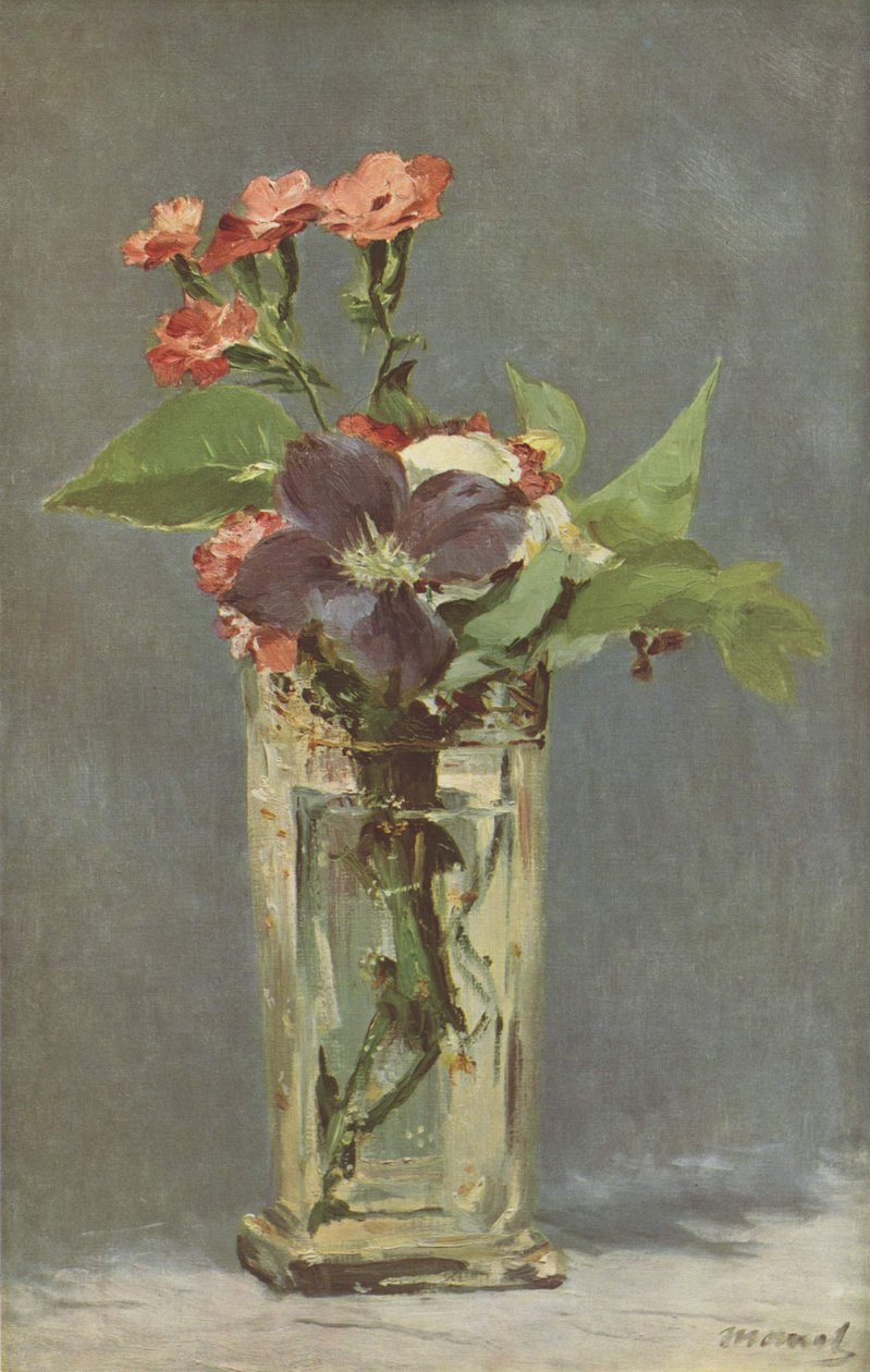 Goździki i powojniki w kryształowym wazonie autorstwa Claude Monet