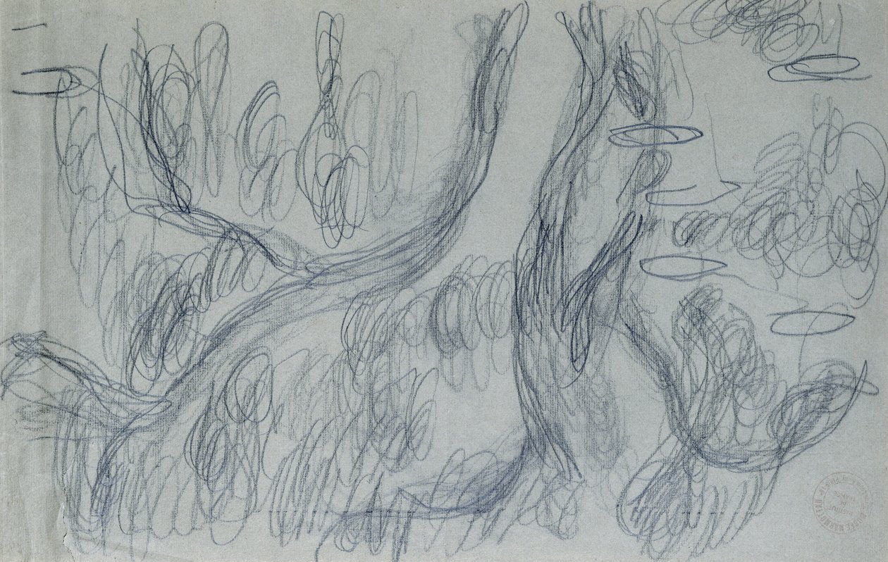 Reflections of Willows, ok. 1918 (czarna kredka na niebiesko-szarym papierze) autorstwa Claude Monet