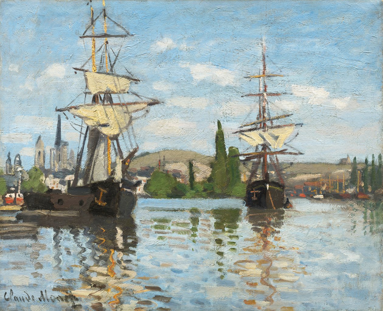 Statki płynące po Sekwanie w Rouen, 1872-73 autorstwa Claude Monet